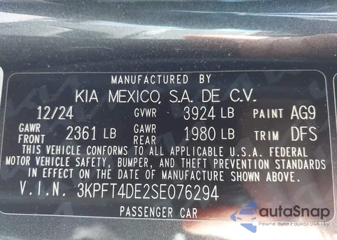 2025 Kia K4 Lx from USA, damaged, VIN 3KPFT4DE2SE076294
